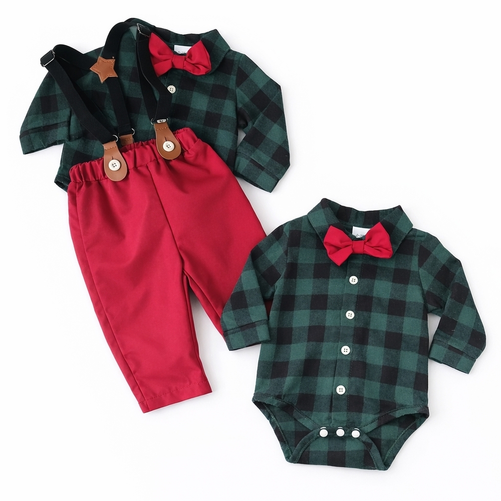 Plaid Green and Red Baby Outfit Set 3M